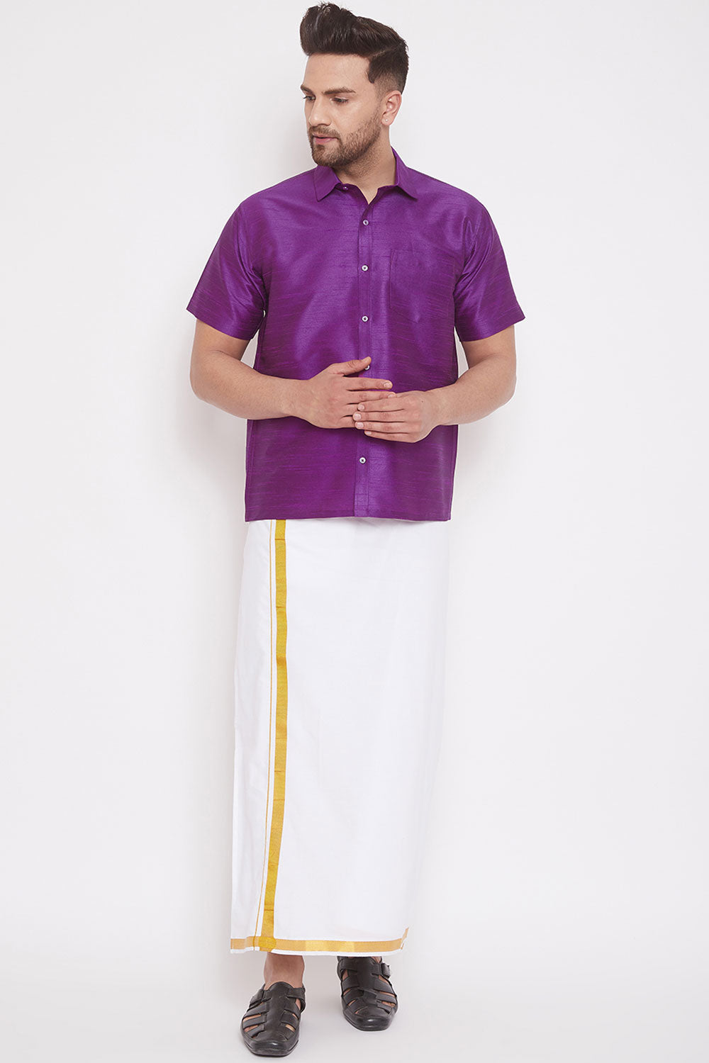 Purple Art Silk Shirt and Mundu for Men's