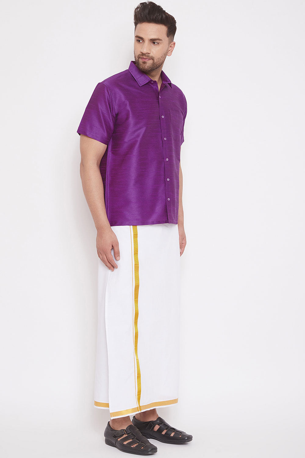 Art Silk Solid Purple Shirt and Mundu
