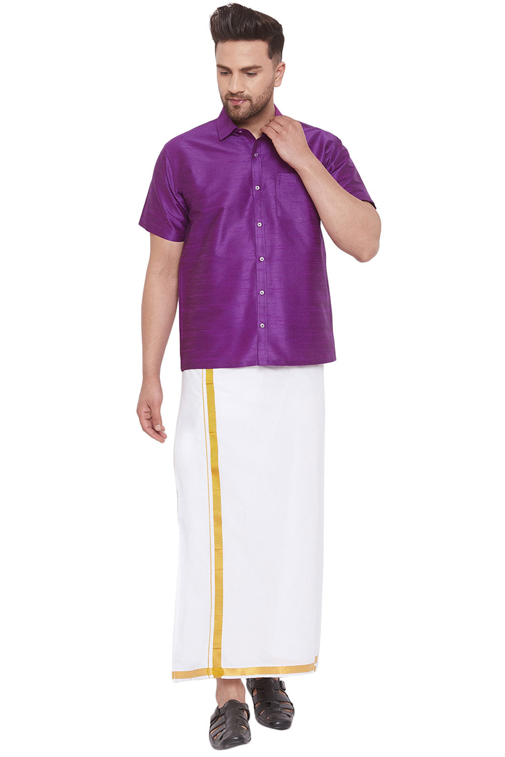 Buy Art Silk Solid Shirt and Mundu in Purple