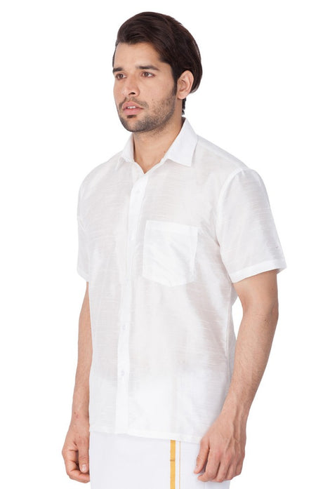 Men's Cotton Art Silk Solid Ethnic Shirt in White