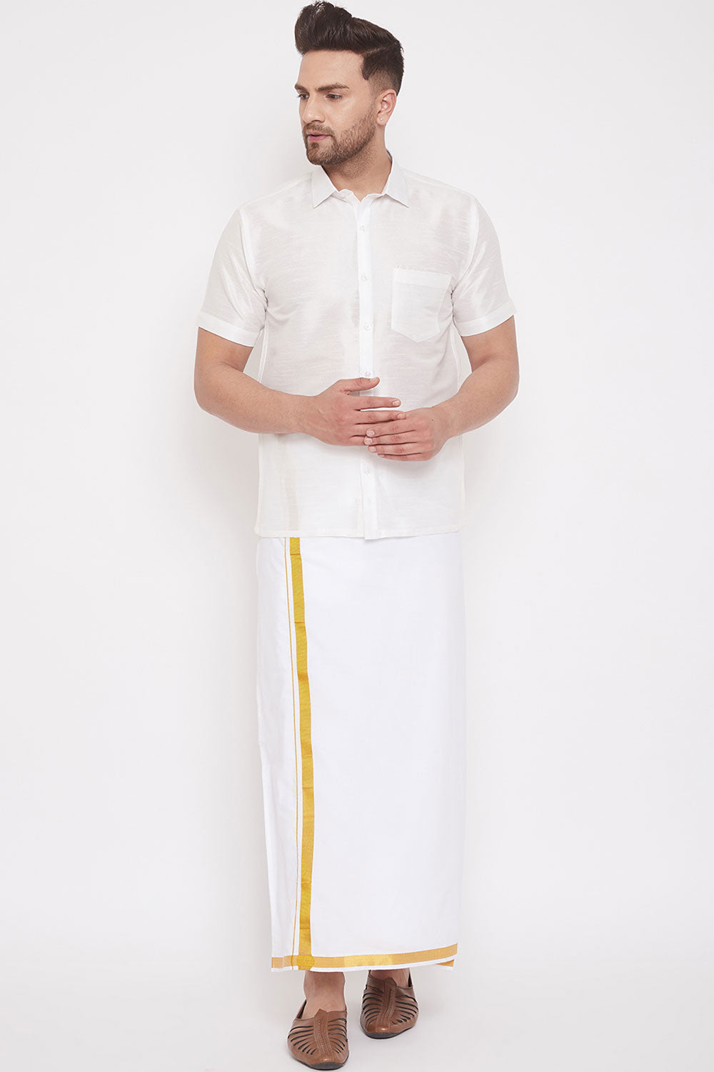 White Art Silk Shirt and Mundu for Men's