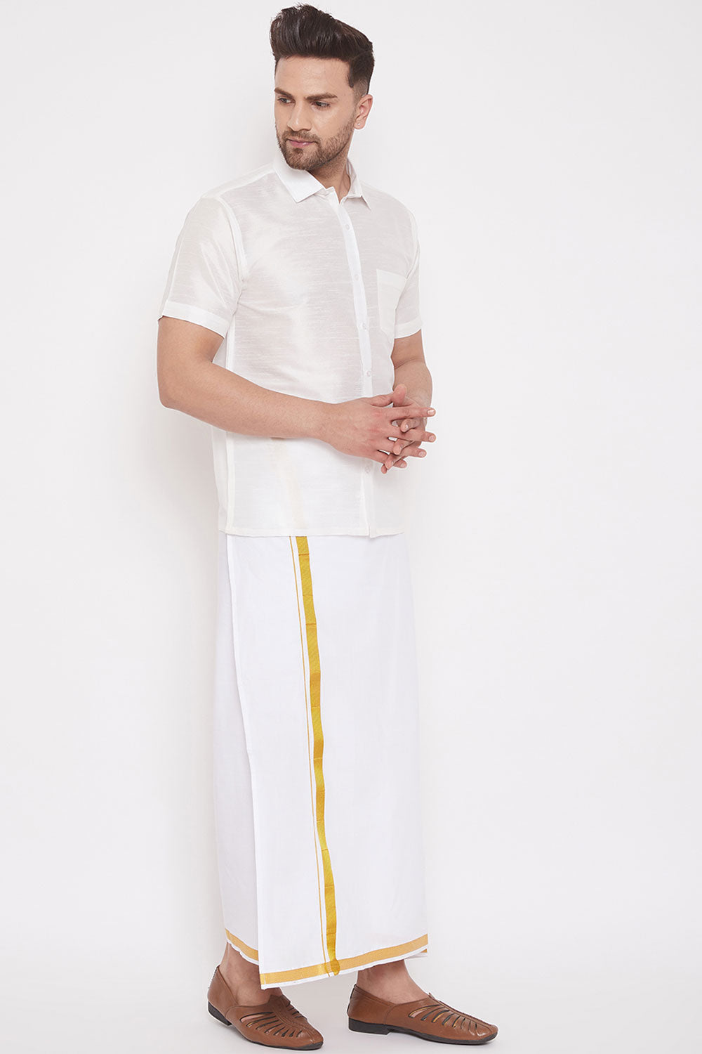 Art Silk Solid White Shirt and Mundu