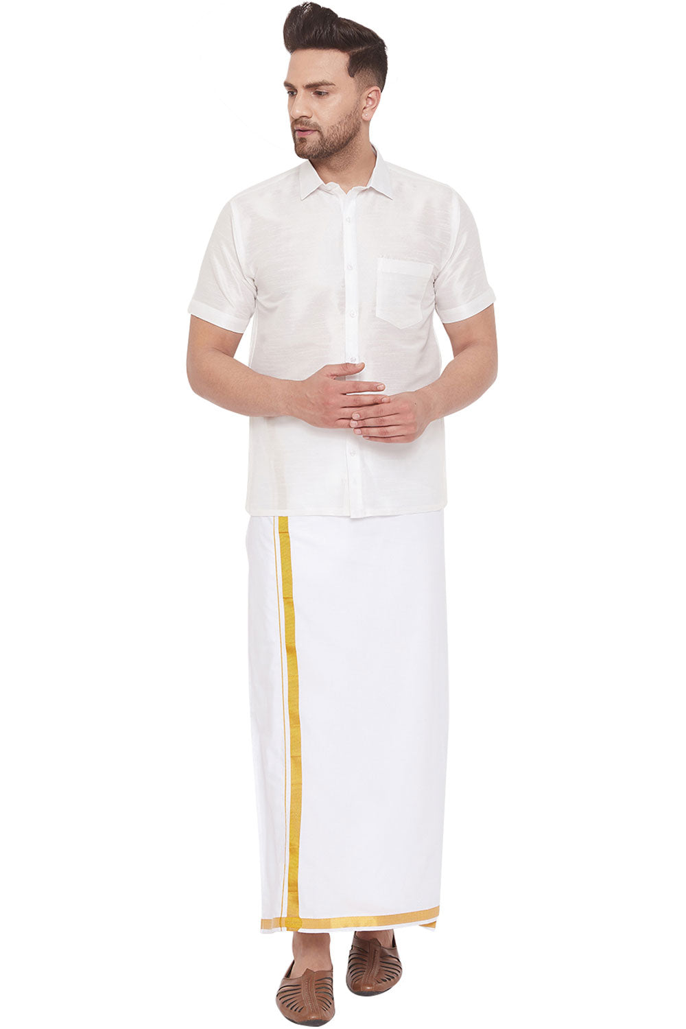 Buy Art Silk Solid Shirt and Mundu in White