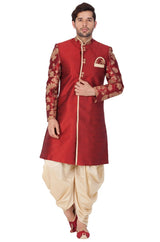 Men's Art Silk Blend Embroidered Sherwani Set In Maroon