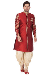 Men's Art Silk Blend Embroidered Sherwani Set In Maroon