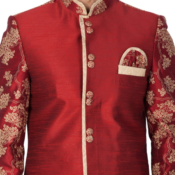 Men's Art Silk Blend Embroidered Sherwani Set In Maroon