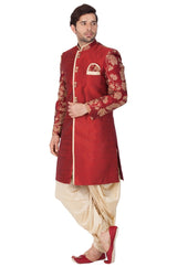 Men's Art Silk Blend Embroidered Sherwani Set In Maroon