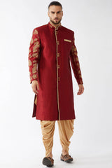 Buy Men's Blended Silk Woven Sherwani Set in Maroon