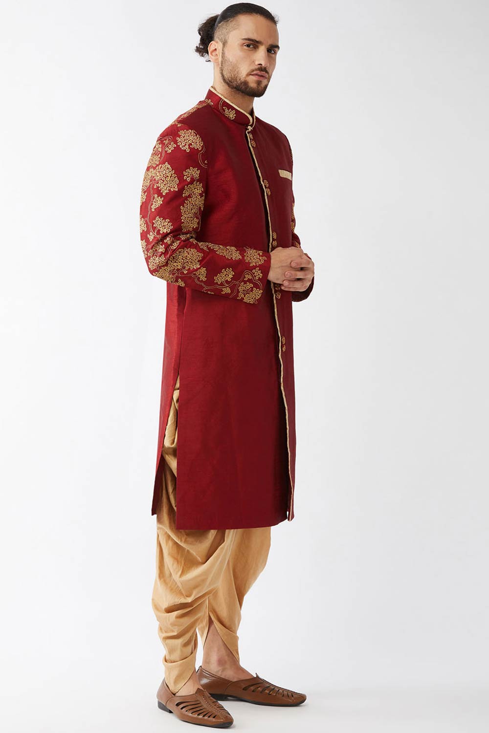 Buy Men's Blended Silk Woven Sherwani Set in Maroon - Front