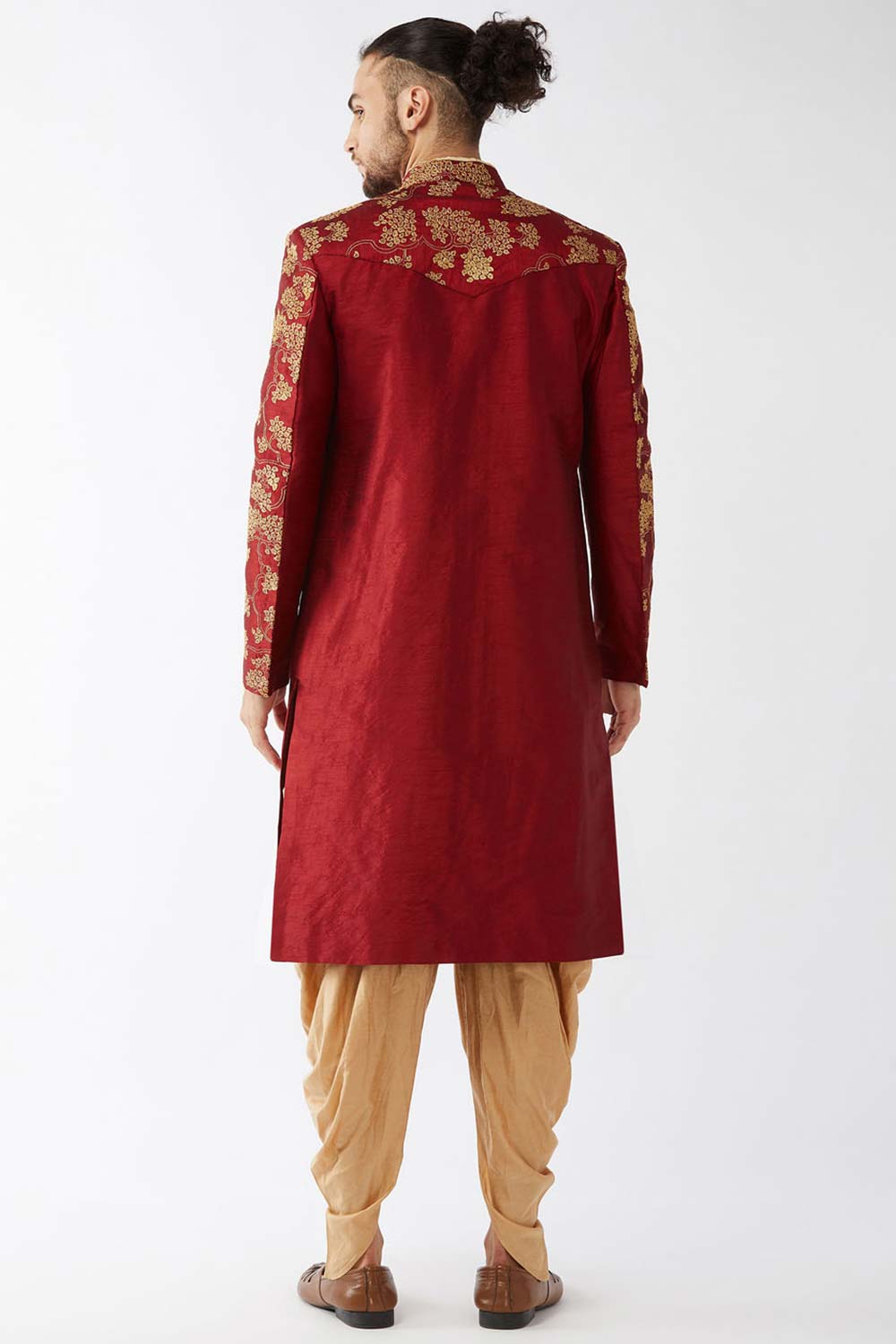 Buy Men's Blended Silk Woven Sherwani Set in Maroon - Back