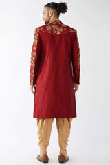 Buy Men's Blended Silk Woven Sherwani Set in Maroon - Back