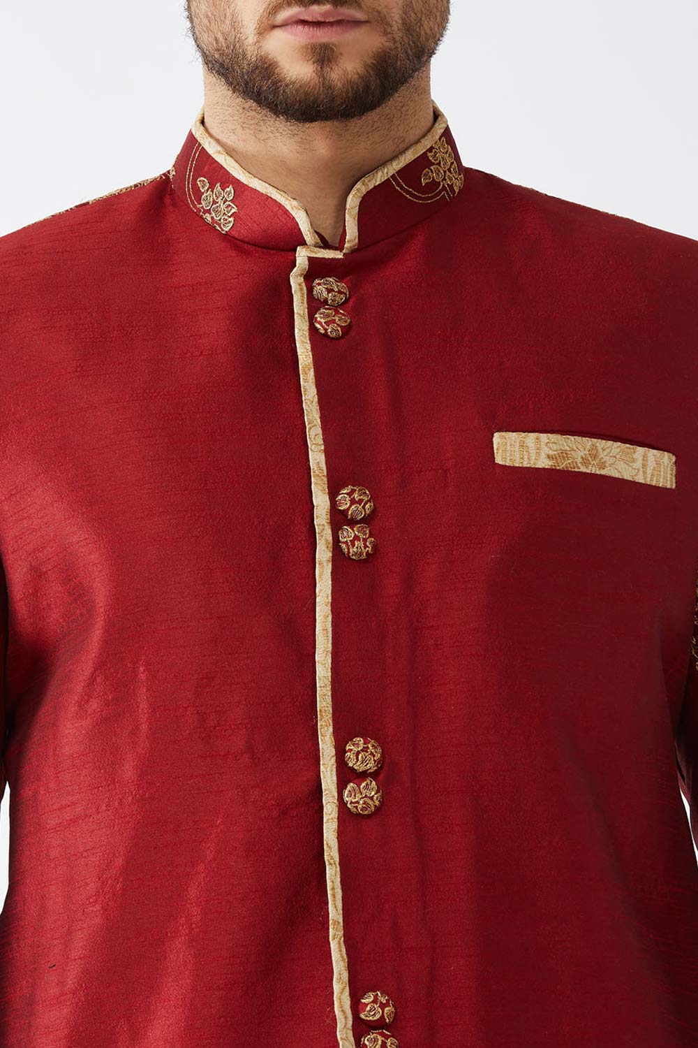 Buy Men's Blended Silk Woven Sherwani Set in Maroon - Side