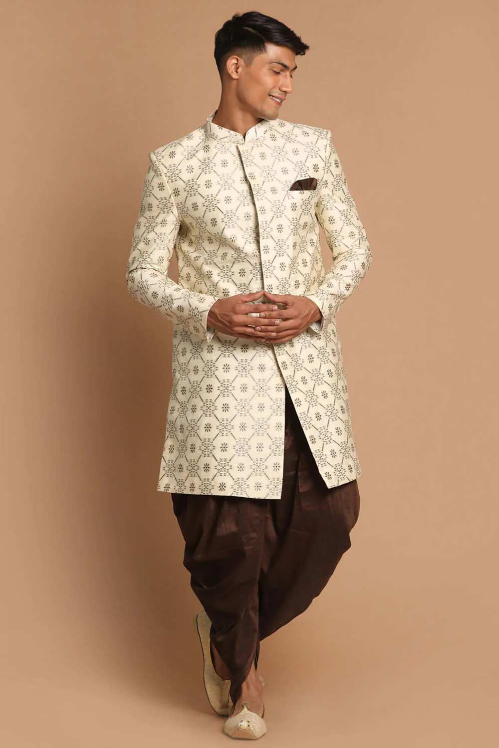 Men's Beige And Coffee Silk Blend Royal Looking Sherwani Set