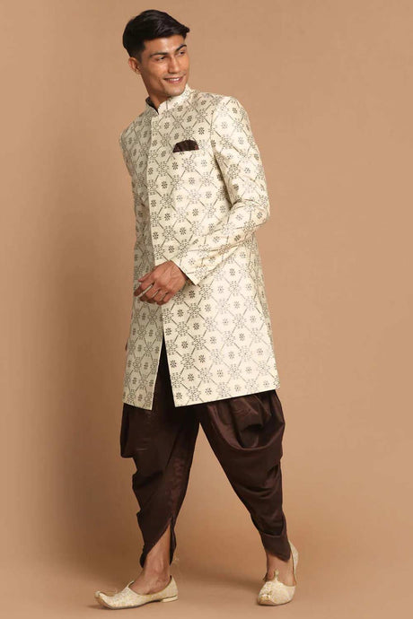 Men's Beige And Coffee Silk Blend Royal Looking Sherwani Set