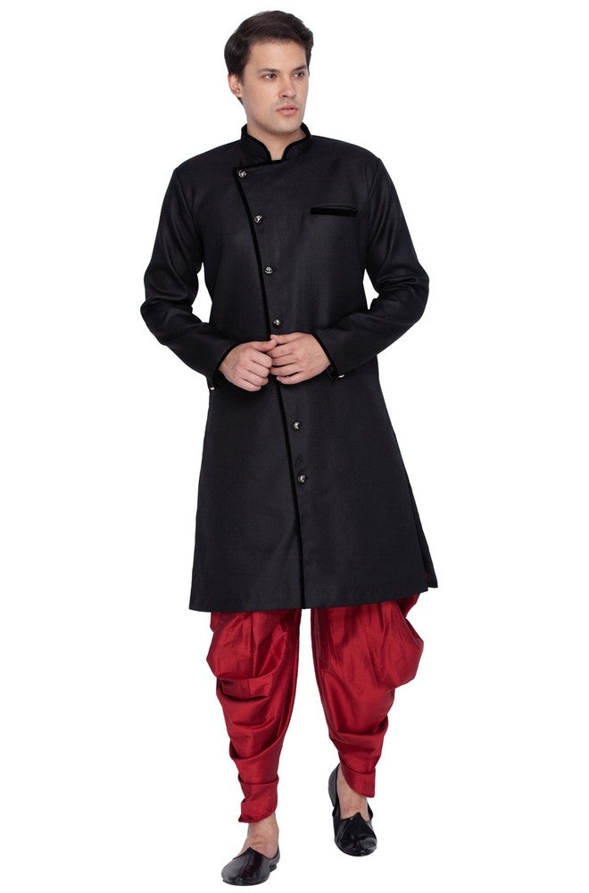 Men's Cotton Blend Solid Sherwani Style Kurta Set In Black