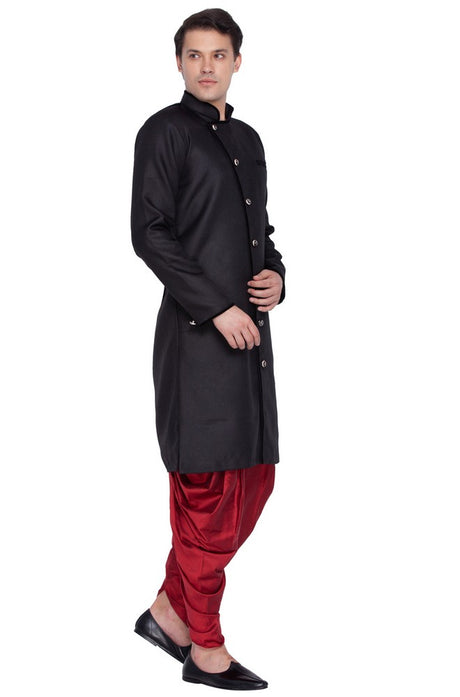 Men's Cotton Blend Solid Sherwani Style Kurta Set in Black