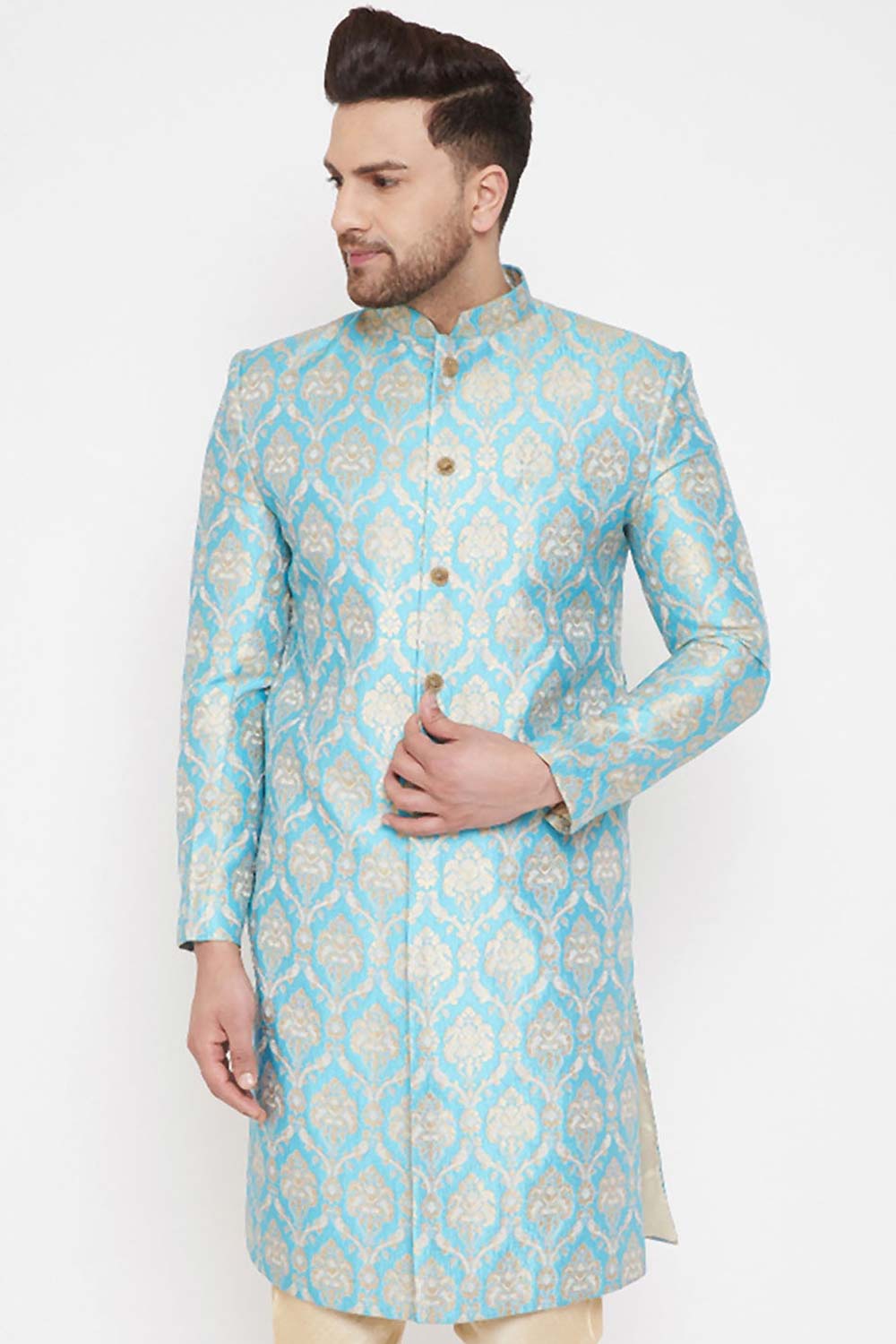 Men's Sea Green And Gold Silk Blend Brocade Jacquard Sherwani Only Top