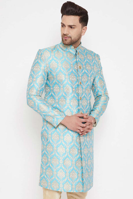 Men's Sea Green And Gold Silk Blend Brocade Jacquard Sherwani Only Top