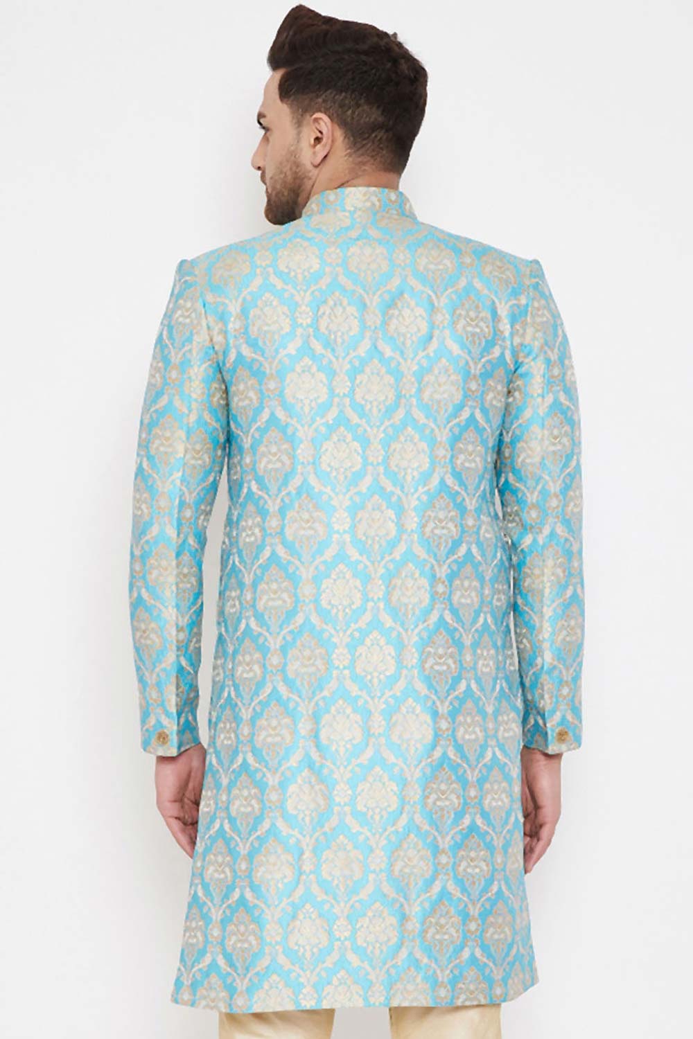 Men's Sea Green And Gold Silk Blend Brocade Jacquard Sherwani Only Top