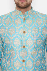 Men's Sea Green And Gold Silk Blend Brocade Jacquard Sherwani Only Top