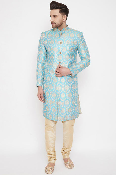 Shop Aqua Woven Design Sherwani Set Online For Men