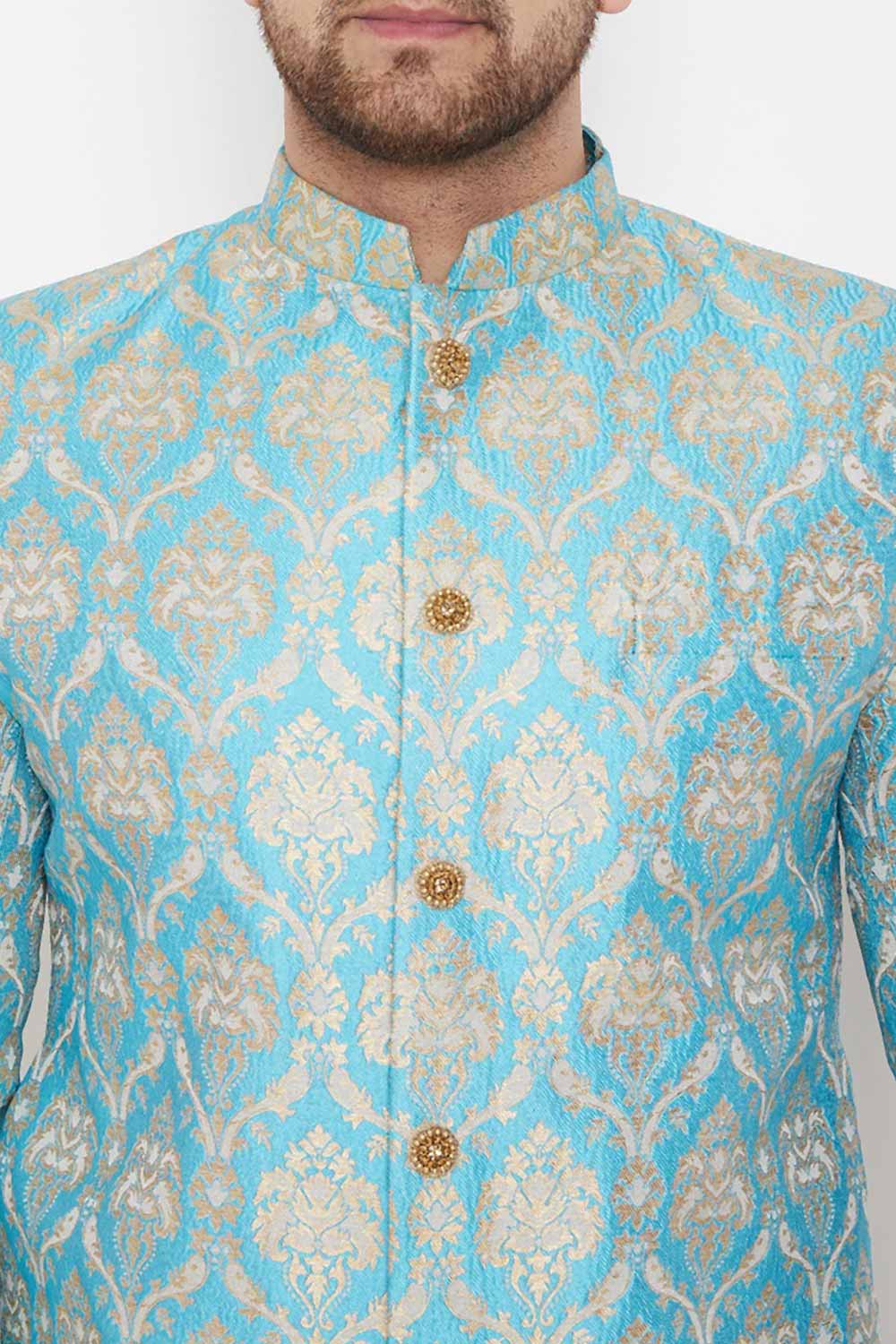 Buy Men's Woven Design Sherwani Set in Aqua