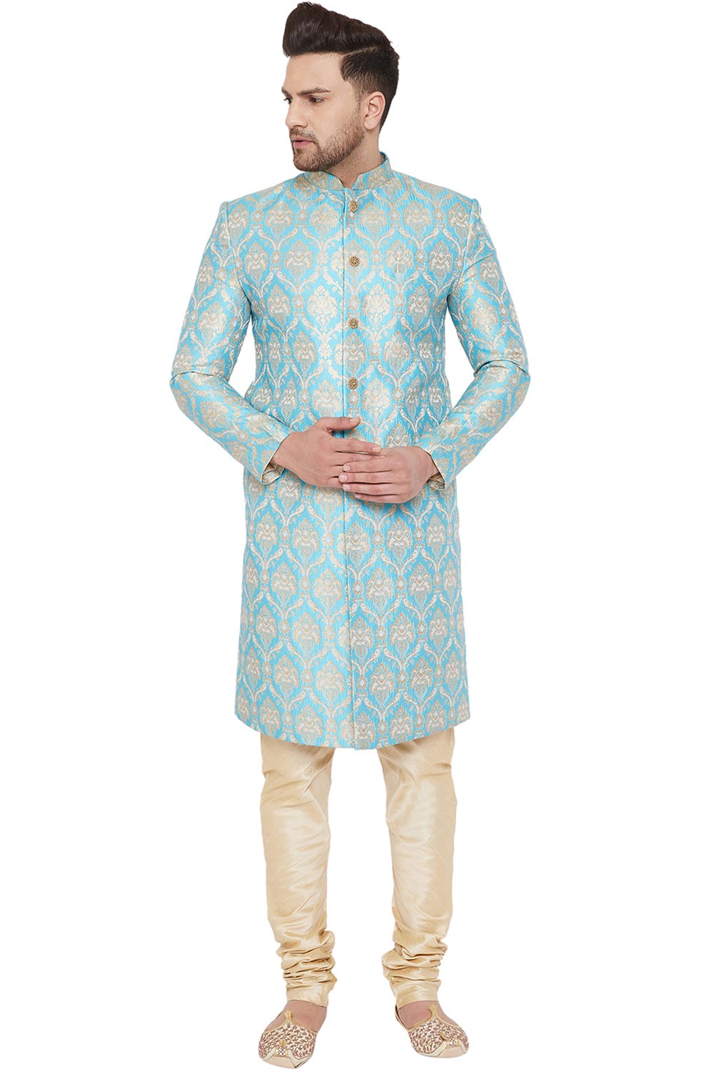 Buy Men's Art Silk Woven Design Sherwani Set in Aqua