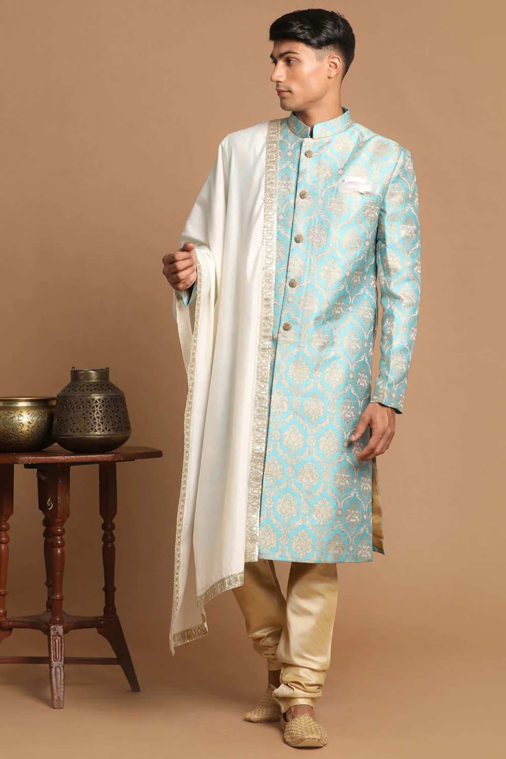 Men's Sea Green And Gold Silk Blend Brocade Jacquard Sherwani Set