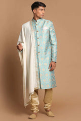 Men's Sea Green And Gold Silk Blend Brocade Jacquard Sherwani Set