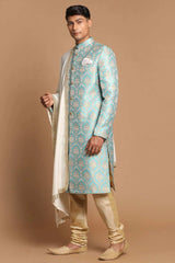 Men's Sea Green And Gold Silk Blend Brocade Jacquard Sherwani Set