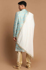 Men's Sea Green And Gold Silk Blend Brocade Jacquard Sherwani Set