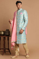 Men's Sea Green And Gold Silk Blend Brocade Jacquard Sherwani Set With Pink Color Dupatta