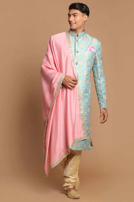 Men's Sea Green And Gold Silk Blend Brocade Jacquard Sherwani Set With Pink Color Dupatta