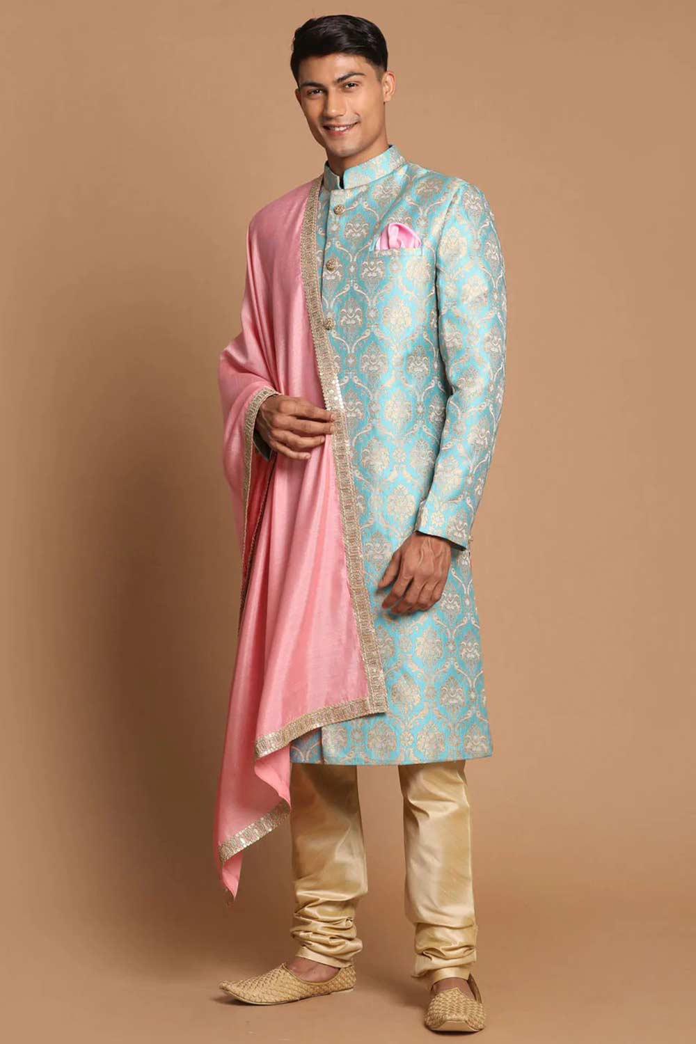 Men's Sea Green And Gold Silk Blend Brocade Jacquard Sherwani Set With Pink Color Dupatta