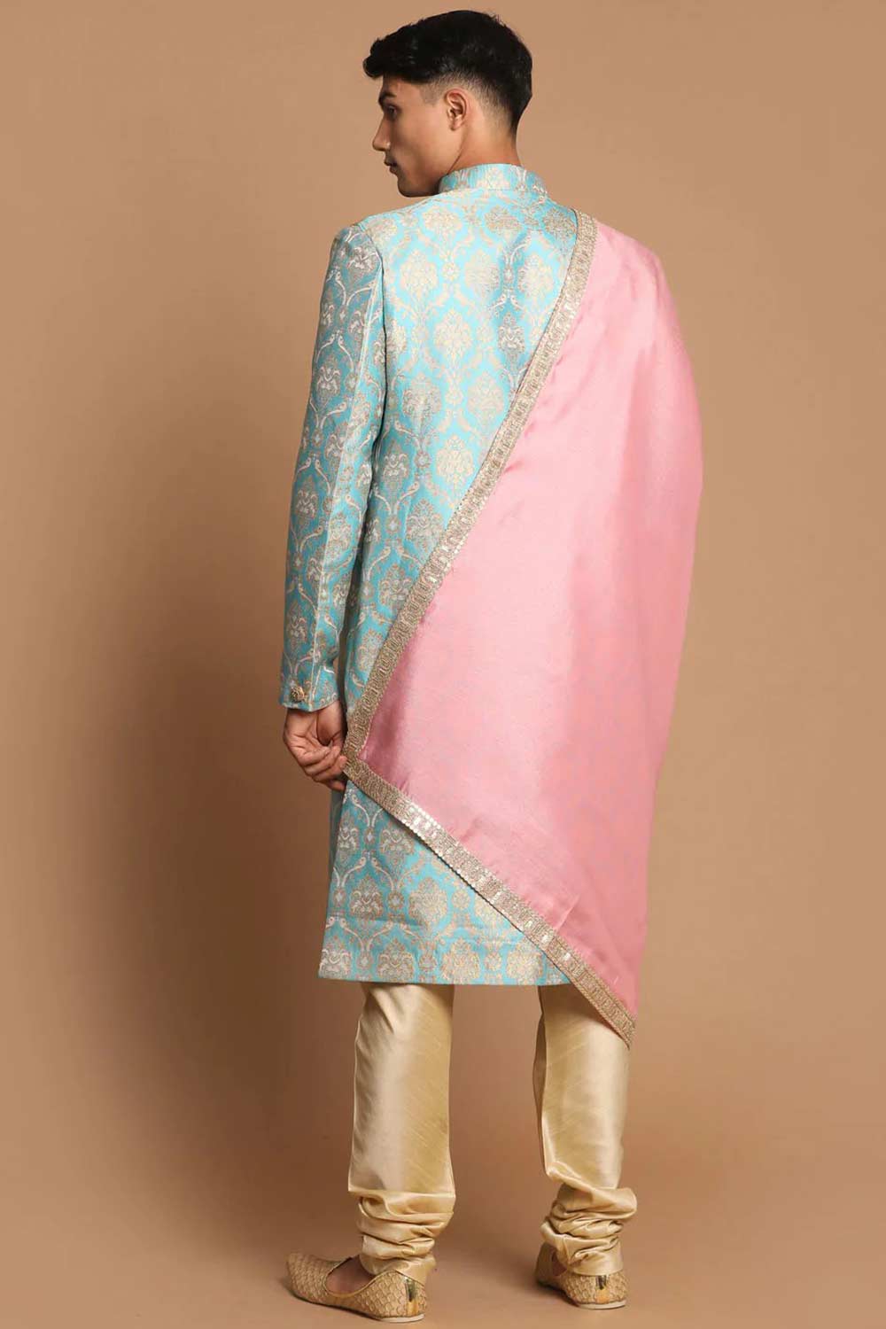 Men's Sea Green And Gold Silk Blend Brocade Jacquard Sherwani Set With Pink Color Dupatta