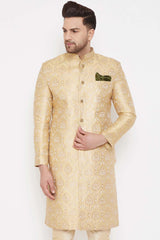 Men's Golden Silk Blend Brocade Slim Fit Sherwani Only Top