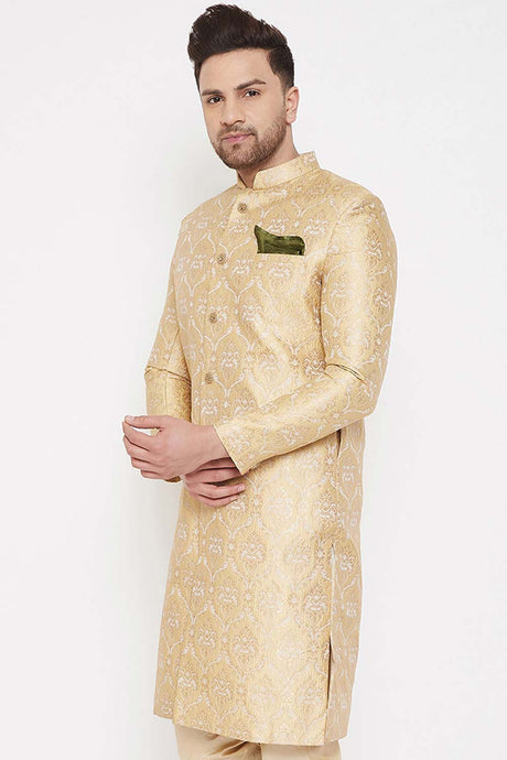Men's Golden Silk Blend Brocade Slim Fit Sherwani Only Top
