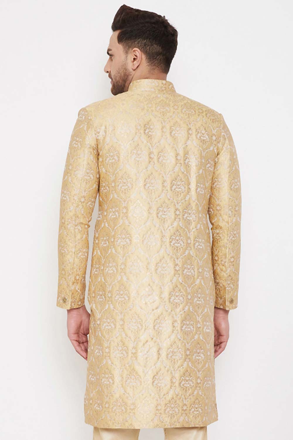 Men's Golden Silk Blend Brocade Slim Fit Sherwani Only Top