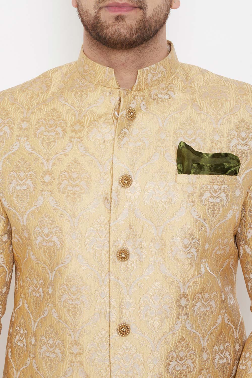 Men's Golden Silk Blend Brocade Slim Fit Sherwani Only Top