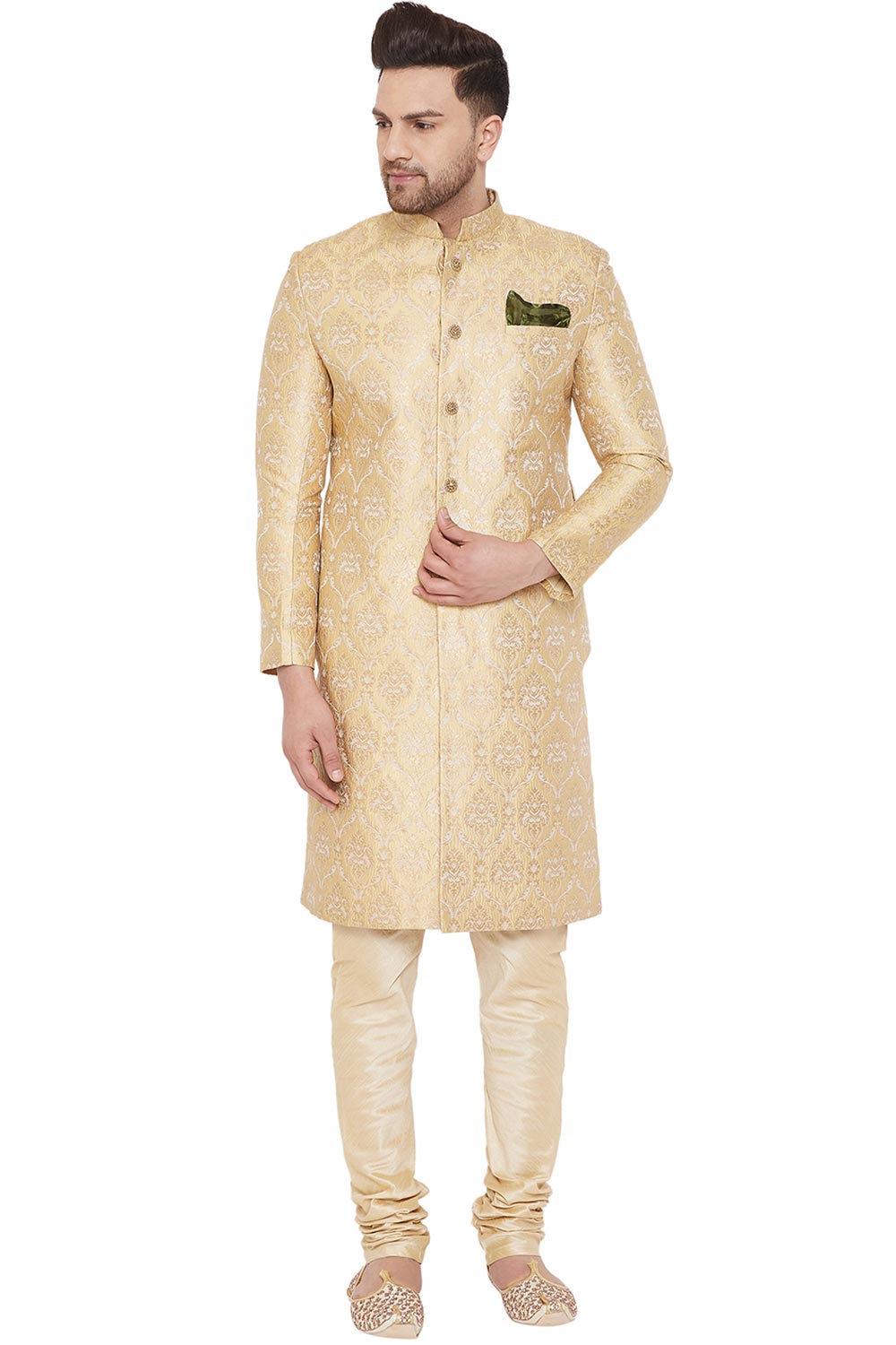 Buy Men's Art Silk Woven Design Sherwani Set in Gold