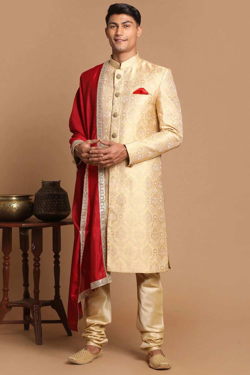 Men's Golden Silk Blend Brocade Slim Fit Sherwani Set With Maroon Dupatta