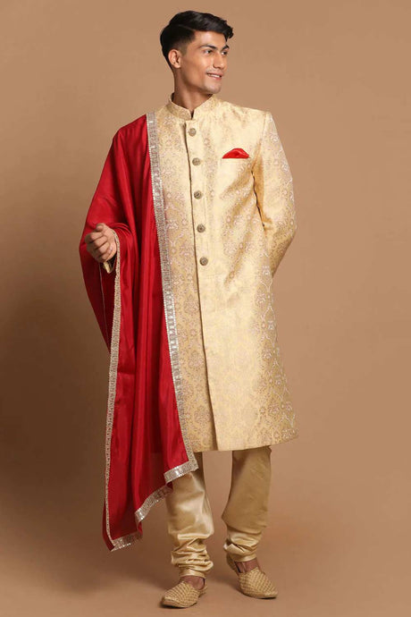 Men's Golden Silk Blend Brocade Slim Fit Sherwani Set With Maroon Dupatta