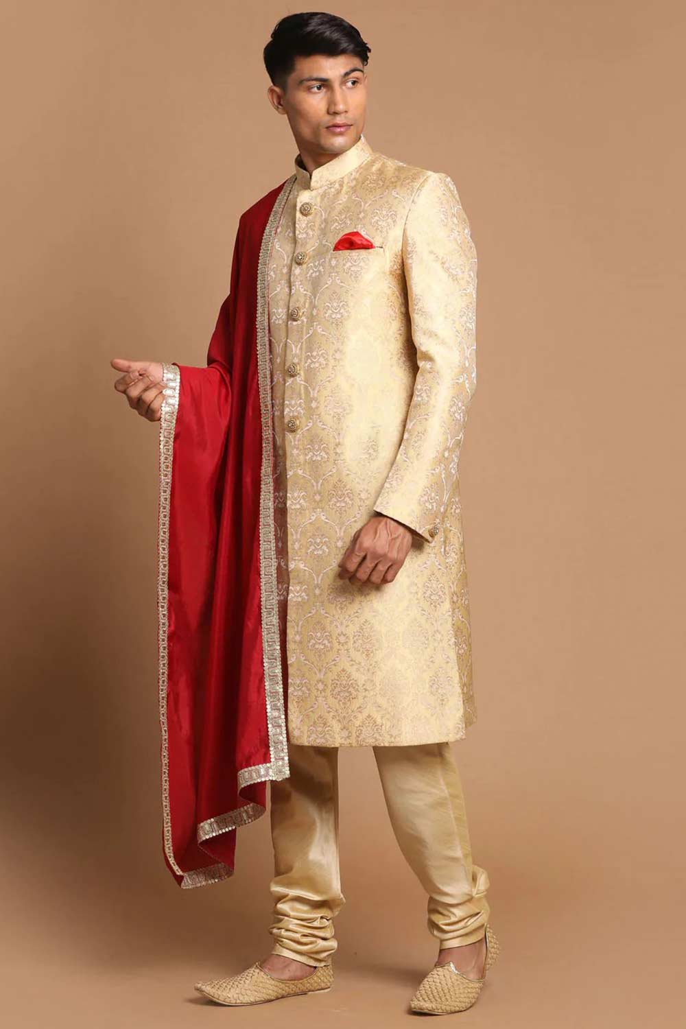 Men's Golden Silk Blend Brocade Slim Fit Sherwani Set With Maroon Dupatta