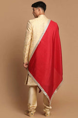 Men's Golden Silk Blend Brocade Slim Fit Sherwani Set With Maroon Dupatta