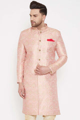 Men's Pink Silk Blend Slim Fit Brocade Woven Design Sherwani Set Only Top