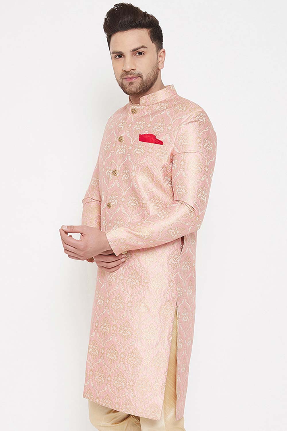 Men's Pink Silk Blend Slim Fit Brocade Woven Design Sherwani Set Only Top