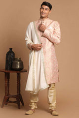 Men's Pink And Gold Silk Blend Sherwani Set With Cream Color Dupatta