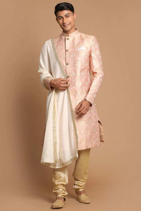 Men's Pink And Gold Silk Blend Sherwani Set With Cream Colour Dupatta