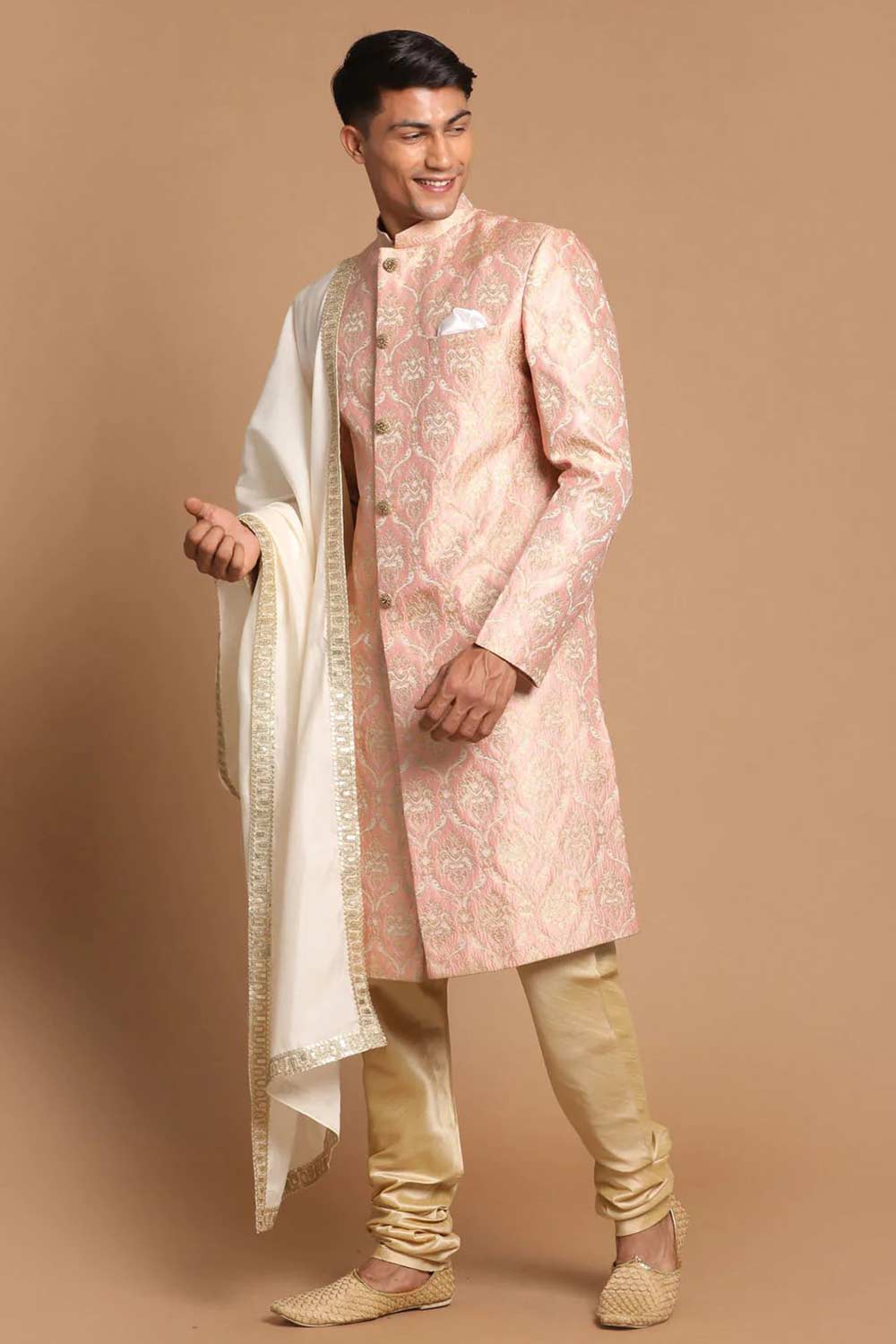 Men's Pink And Gold Silk Blend Sherwani Set With Cream Color Dupatta