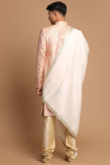 Men's Pink And Gold Silk Blend Sherwani Set With Cream Color Dupatta